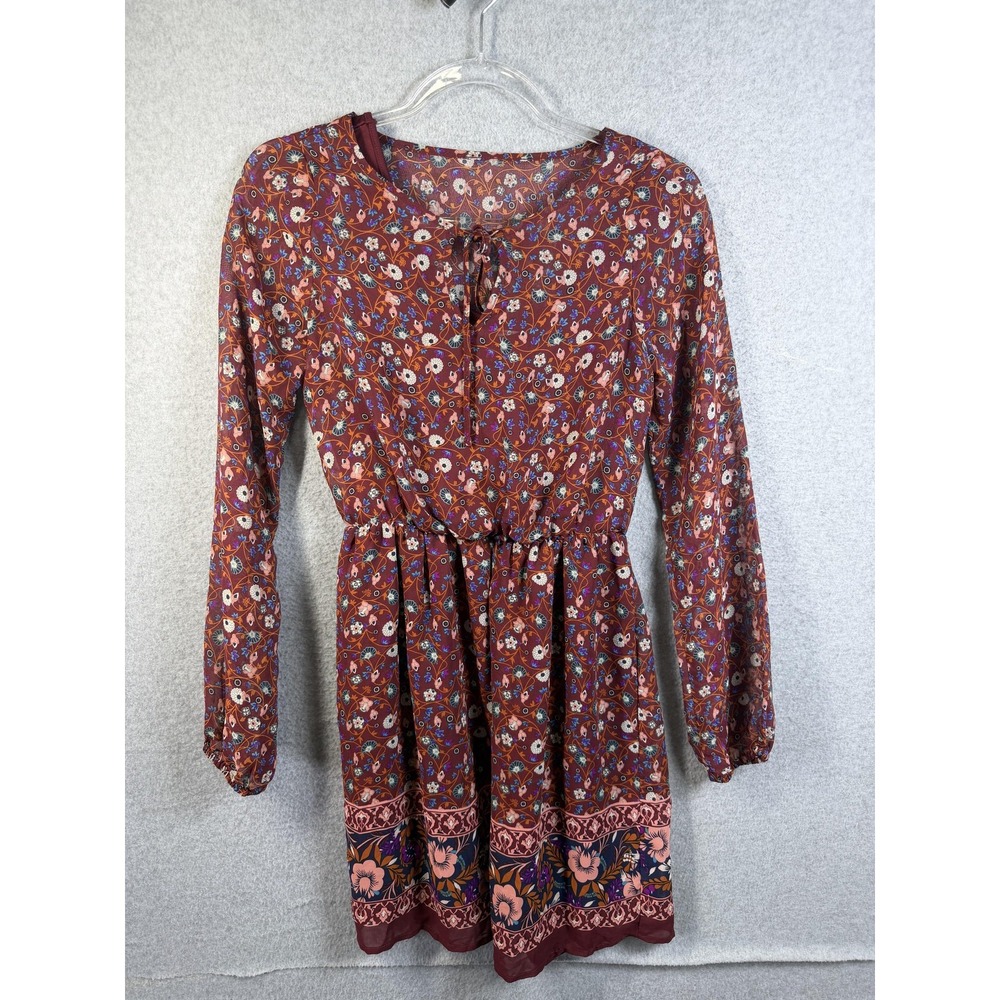 Mudd Dress Womens XS Red Floral Long Sleeve Fit Flare Boho Mini Chiffon